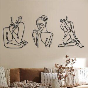3 Pieces Minimalist Abstract Metal Wall Art - Modern Woman Line Drawing Bedroom